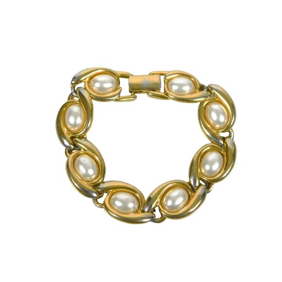 Vintage Signed Napier Faux Pearl Gold Tone Bracelet 6 7/8" Fold Over Clasp - Picture 1 of 13